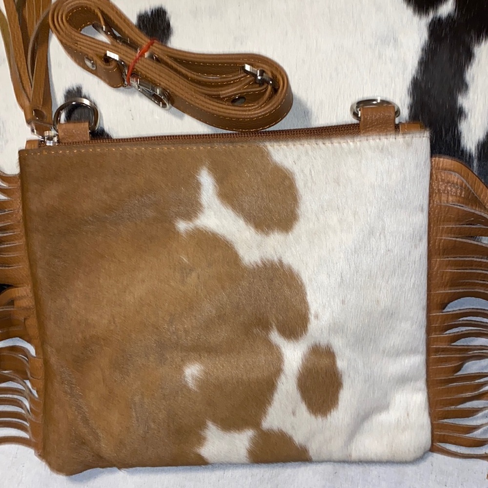 New Handmade Real Cowhide Leather Crossbody Purse Handbag Hair On With Fringes
